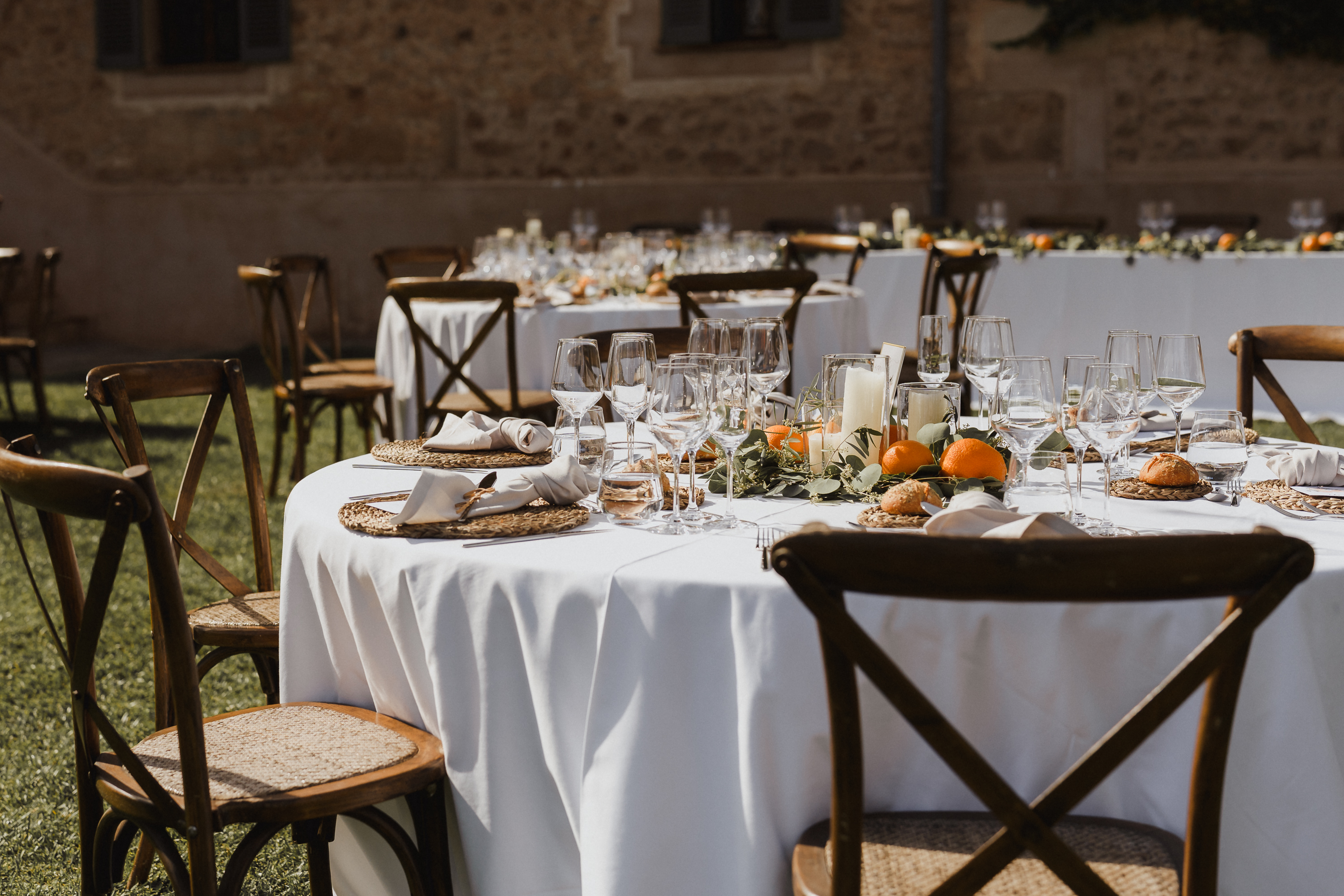 Wedding dining table setup in the garden of Finca Son Mir Mallorca