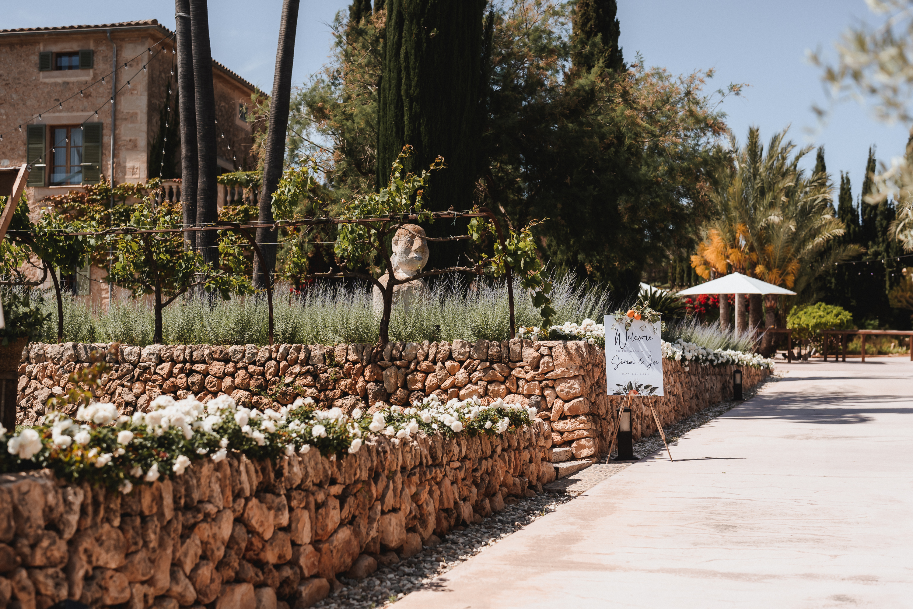 Wide view of Finca Son Mir wedding venue in Mallorca with welcome sign