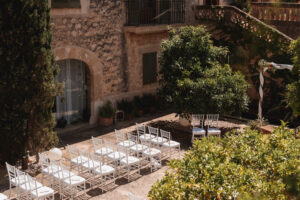 Ceremony setup at a finca wedding venue in Mallorca with natural surroundings