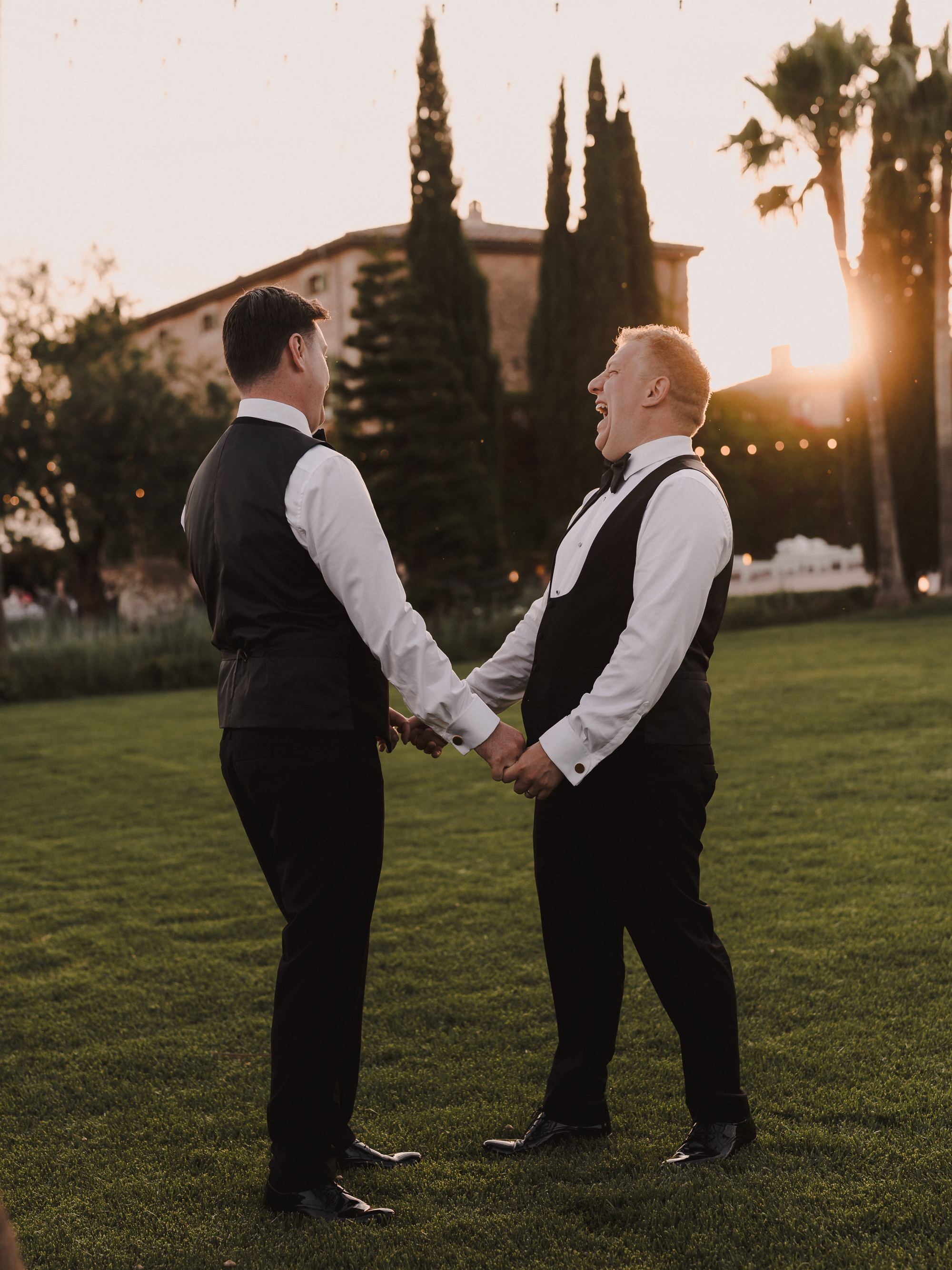 Sunset wedding portrait with Finca Son Mir in the background Mallorca captured by Photos by Ville