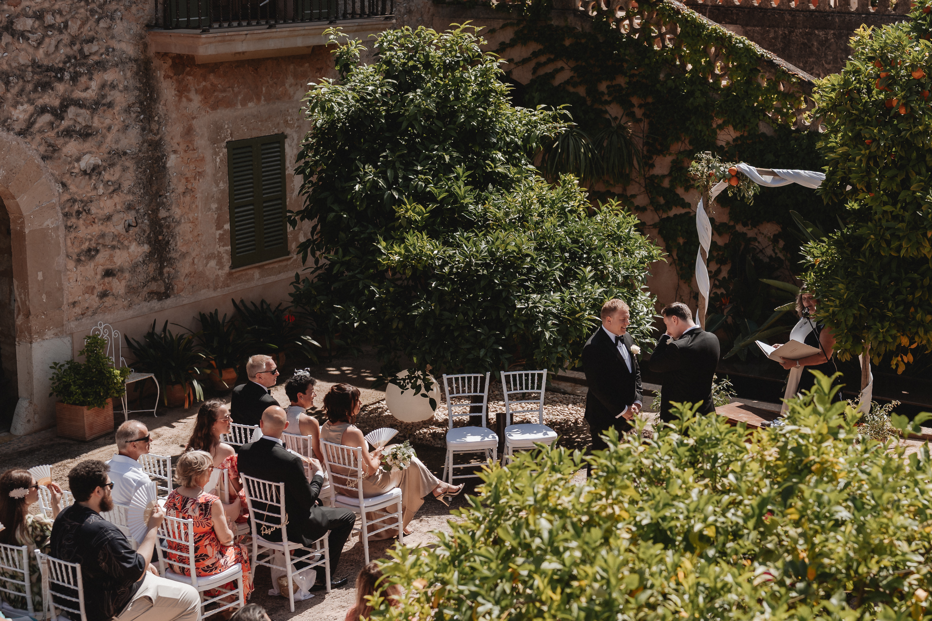 Wide shot of wedding ceremony with guests at Finca Son Mir Mallorca
